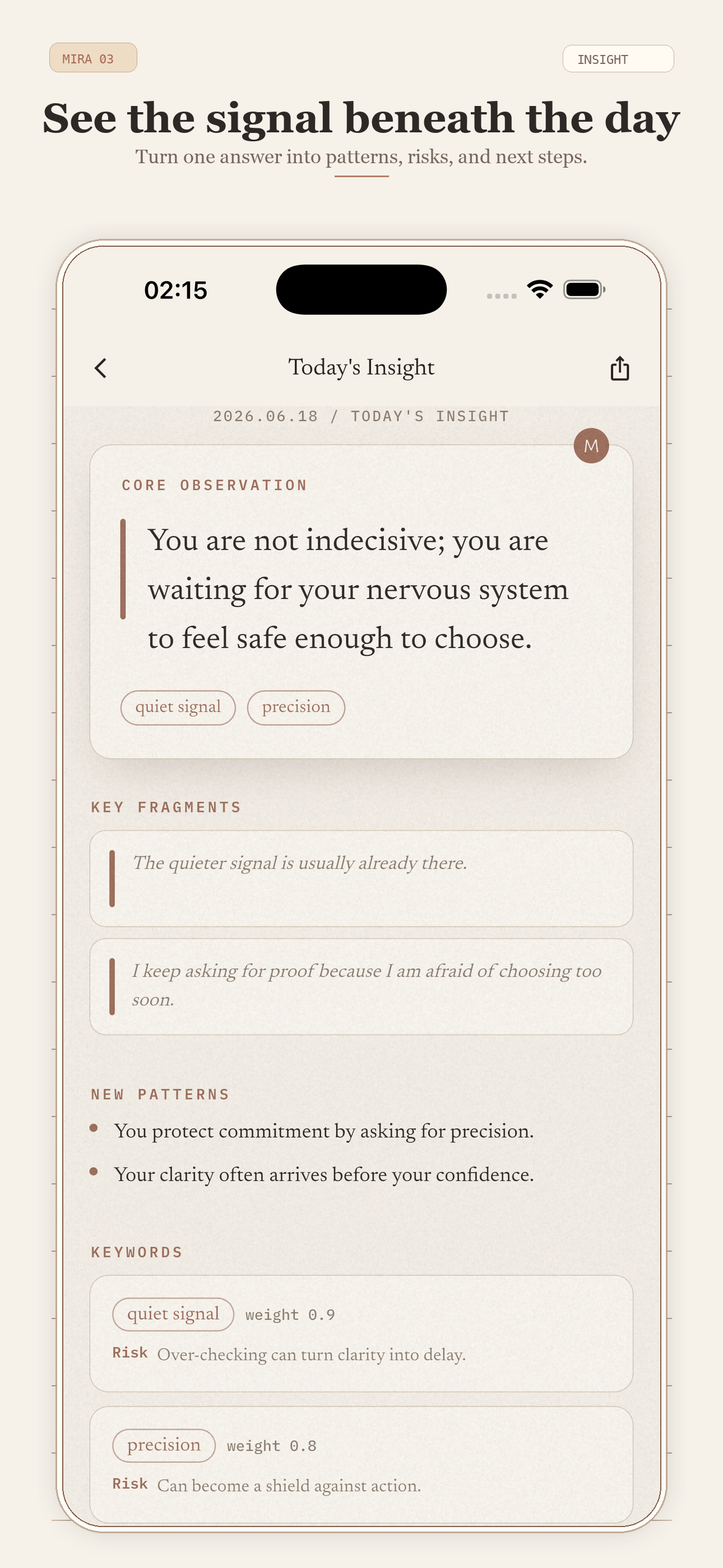 Mira insight screen — see the pattern in your own answers