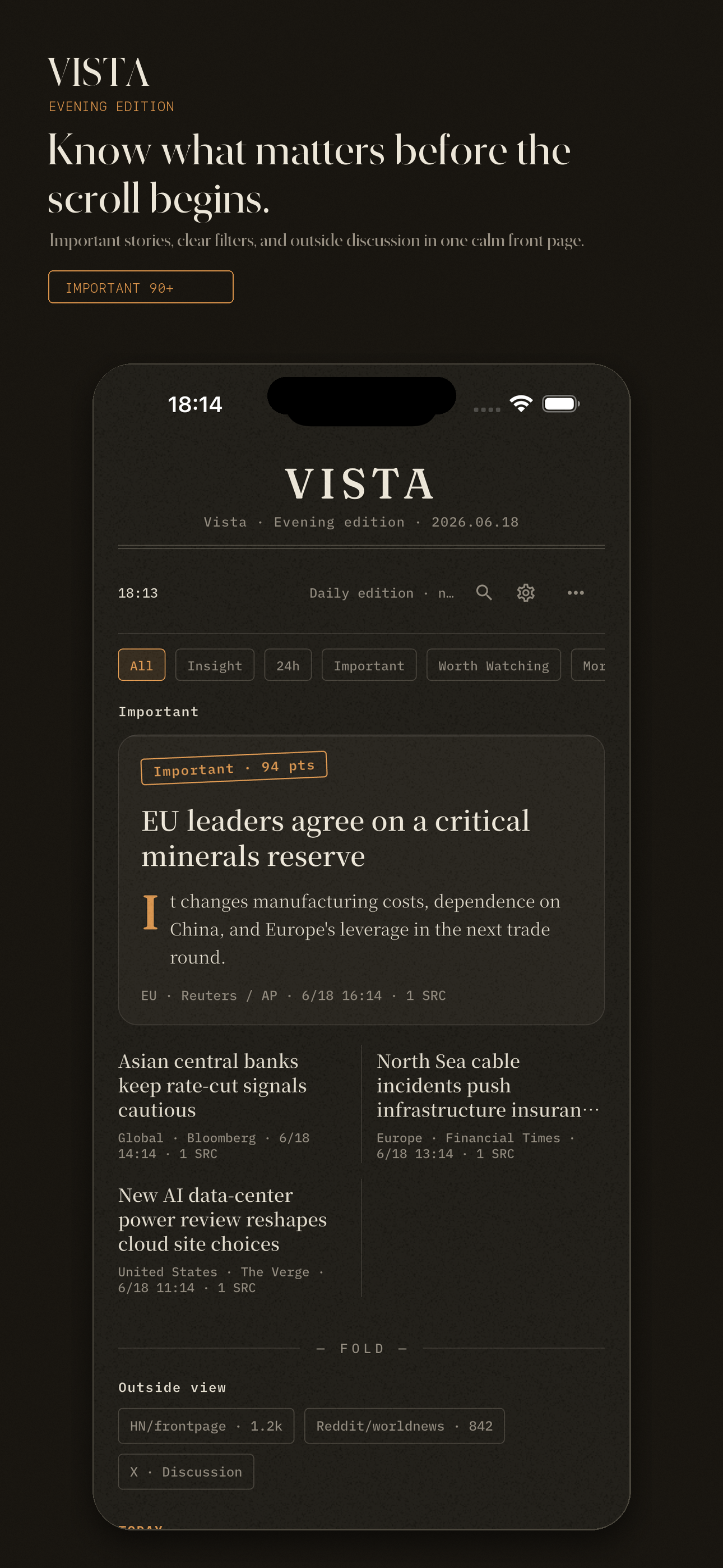 Vista home screen — one clear read a day, not a doomscroll