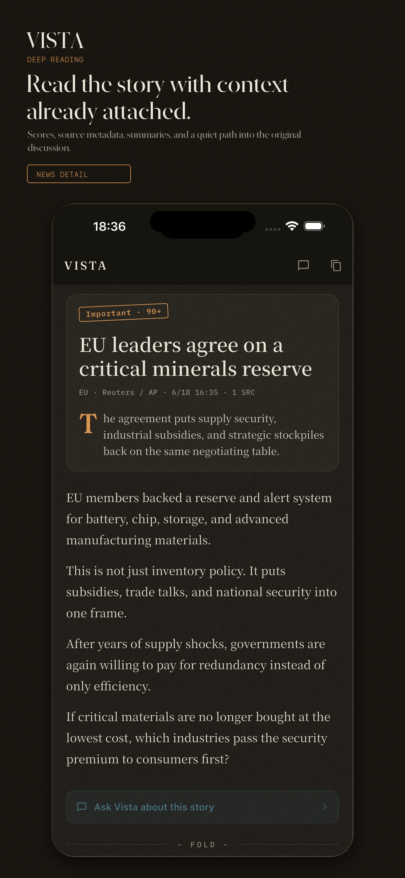 Vista story view — important context for each news story